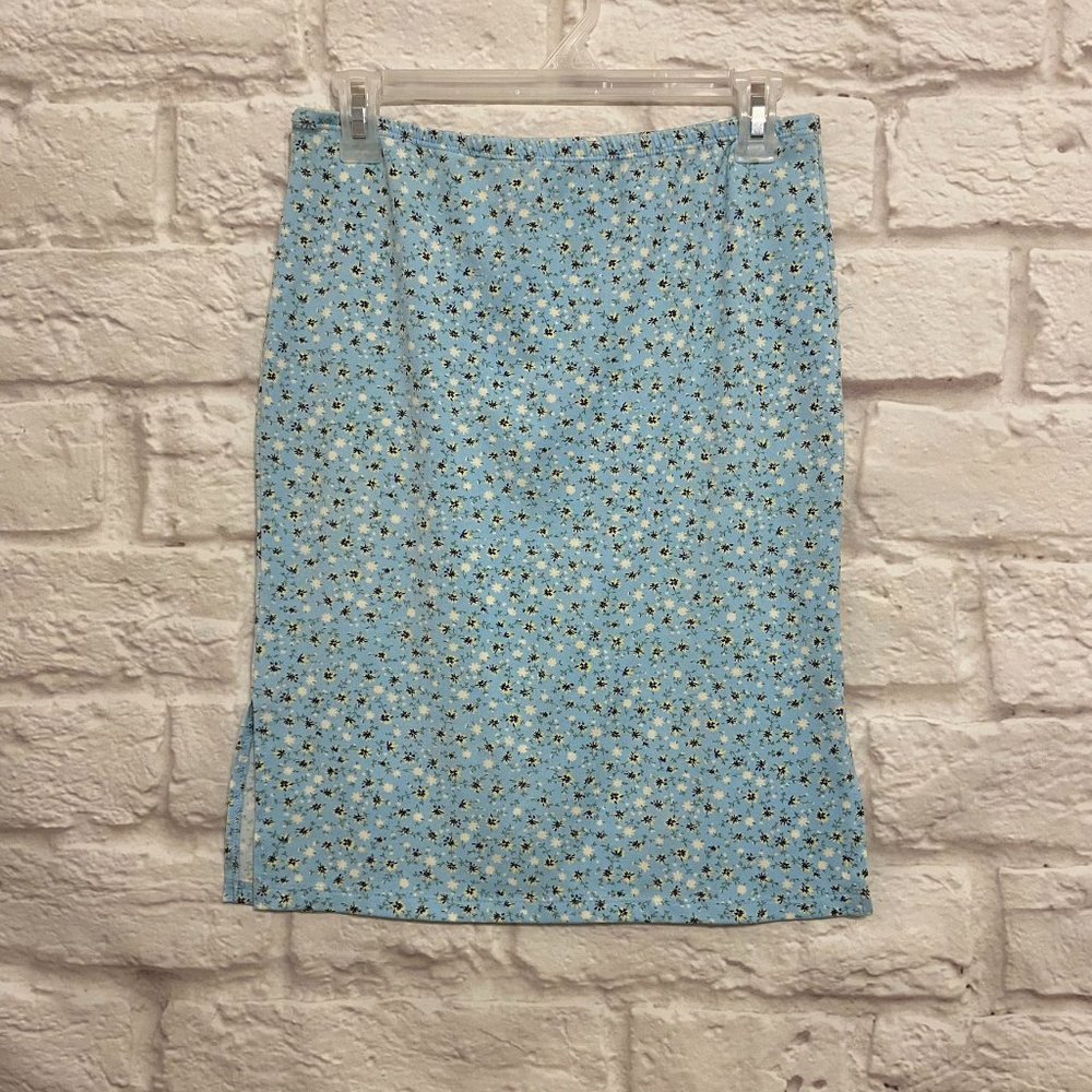 FOREVER 21 Skirt Womens Medium/Large Light Blue Floral Stretch Skirt Knee Length
